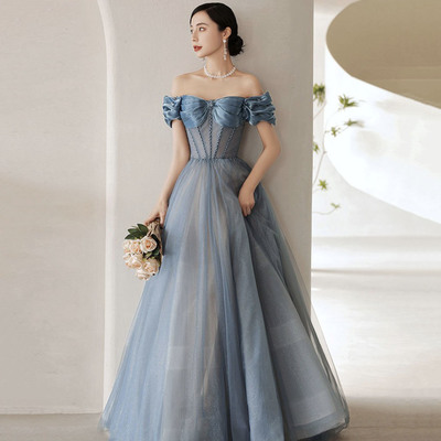 Blue tulle long a line ball gown dress evening gown - Thumbnail 2