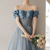 Blue tulle long A line ball gown dress evening gown - Thumbnail 2
