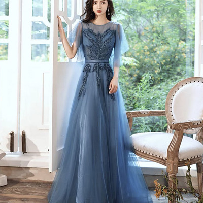 Blue tulle lace long prom dress blue evening gown - Thumbnail 2