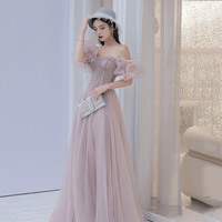 Pink tulle long A line prom dress pink evening gown - Thumbnail 2