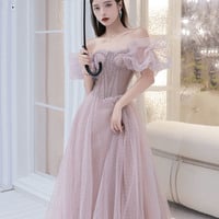 Pink tulle long A line prom dress pink evening gown - Thumbnail 3