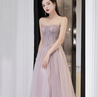 Pink tulle long A line prom dress pink evening gown - Thumbnail 4