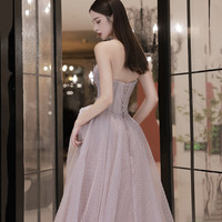 Pink tulle long A line prom dress pink evening gown - Thumbnail 5