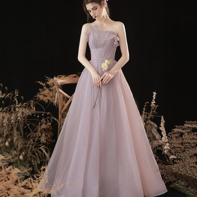Pink tulle long a line prom gown pink evening gown - Thumbnail 3