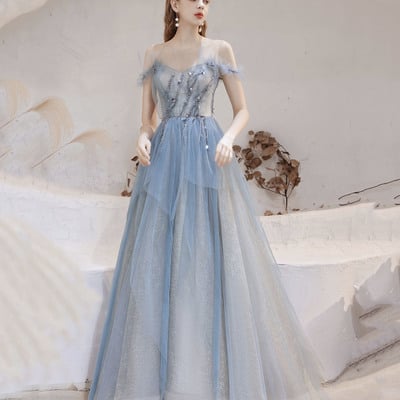 Blue tulle beads long prom dress blue evening dress - Thumbnail 2