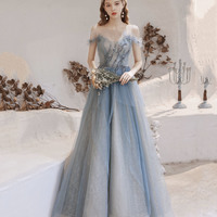 Blue tulle beads long prom dress blue evening dress - Thumbnail 1