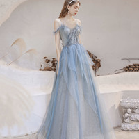 Blue tulle beads long prom dress blue evening dress - Thumbnail 2