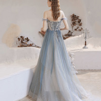 Blue tulle beads long prom dress blue evening dress - Thumbnail 3