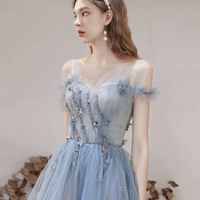 Blue tulle beads long prom dress blue evening dress - Thumbnail 4