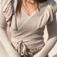 Women'S Slim Long-Sleeved Solid Color Sexy V-Neck Shirt Top - Thumbnail 1