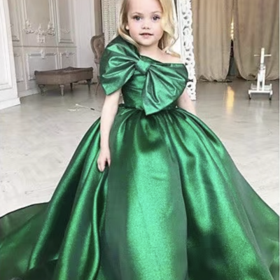 Green one shoulder flower girl dresses with bowknot - Thumbnail 2