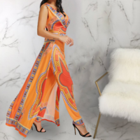 V-Neck Women'S Printed Jumpsuit - Thumbnail 2