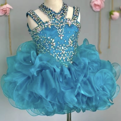 Teal blue flower girl dresses pageant gown with beaded - Thumbnail 2