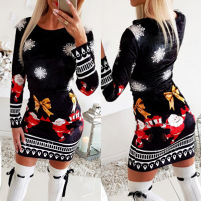 Fashion long sleeve round neck printed mini dress