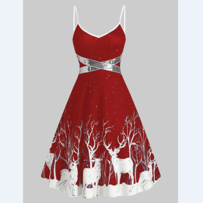 Print sling zipper sexy dress