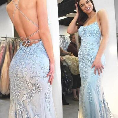 Mermaid scoop neck light blue lace prom drseses - Thumbnail 1