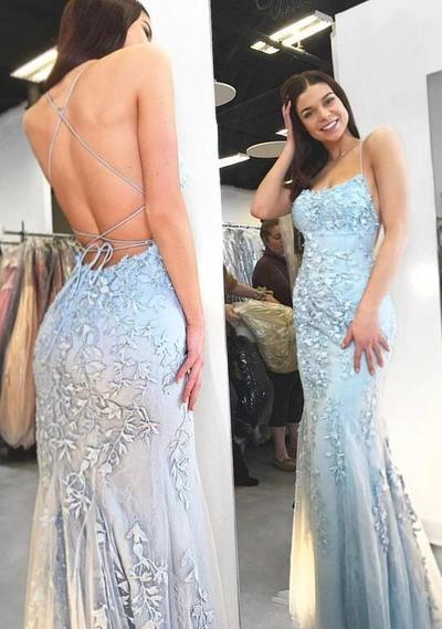 Mermaid Scoop Neck Light Blue Lace Prom Drseses