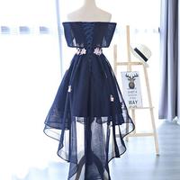 Dark Navy High-Low Appliques Short Homecoming Dress - Thumbnail 1