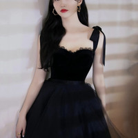 Black velvet tulle short prom dress homecoming dress - Thumbnail 2