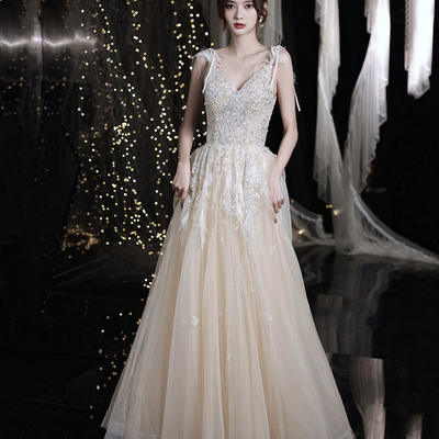 Champagne tulle sequins long prom dress evening gown - Thumbnail 2