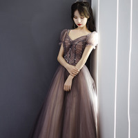 Cute tulle long prom dress A line evening gown - Thumbnail 1