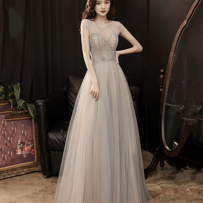 Cute tulle beads long prom dress a line evening gown - Thumbnail 1