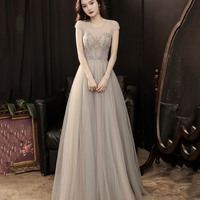Cute tulle beads long prom dress A line evening gown - Thumbnail 1