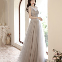 Cute tulle beads long prom dress A line evening gown - Thumbnail 7