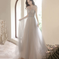 Cute tulle beads long prom dress A line evening gown - Thumbnail 8