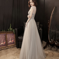 Cute tulle beads long prom dress A line evening gown - Thumbnail 3
