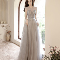 Cute tulle beads long prom dress A line evening gown - Thumbnail 6