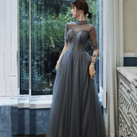 Gray tulle beads long prom dress A line evening gown - Thumbnail 1