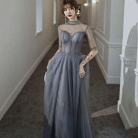 Gray tulle beads long prom dress A line evening gown - Thumbnail 2