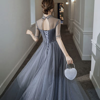 Gray tulle beads long prom dress A line evening gown - Thumbnail 4
