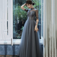 Gray tulle beads long prom dress A line evening gown - Thumbnail 5