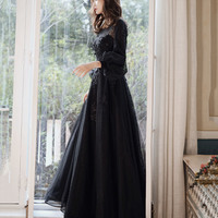 Black lace long prom dress A line evening gown - Thumbnail 5