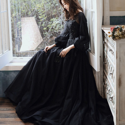 Black lace long prom dress a line evening gown - Thumbnail 1