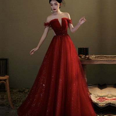 Red tulle sequins long prom dress evening gown - Thumbnail 1