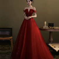 Red tulle sequins long prom dress evening gown - Thumbnail 1