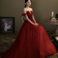 Red tulle sequins long prom dress evening gown - Thumbnail 3