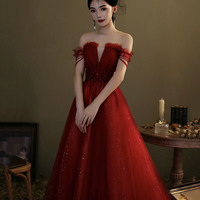 Red tulle sequins long prom dress evening gown - Thumbnail 4