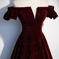 Burgundy velvet long prom dress A line evening gown - Thumbnail 1