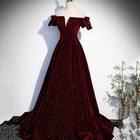Burgundy velvet long prom dress A line evening gown - Thumbnail 2
