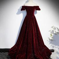 Burgundy velvet long prom dress A line evening gown - Thumbnail 3