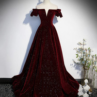 Burgundy velvet long prom dress A line evening gown - Thumbnail 5