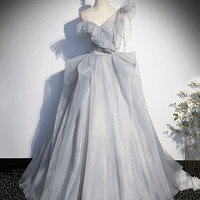 Gray tulle long ball gown dress A line evening gown - Thumbnail 1