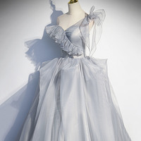 Gray tulle long ball gown dress A line evening gown - Thumbnail 3