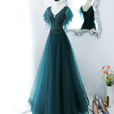 Green tulle beads long prom dress evening gown - Thumbnail 3