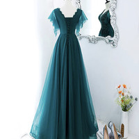 Green tulle beads long prom dress evening gown - Thumbnail 3