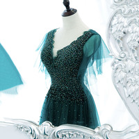 Green tulle beads long prom dress evening gown - Thumbnail 1